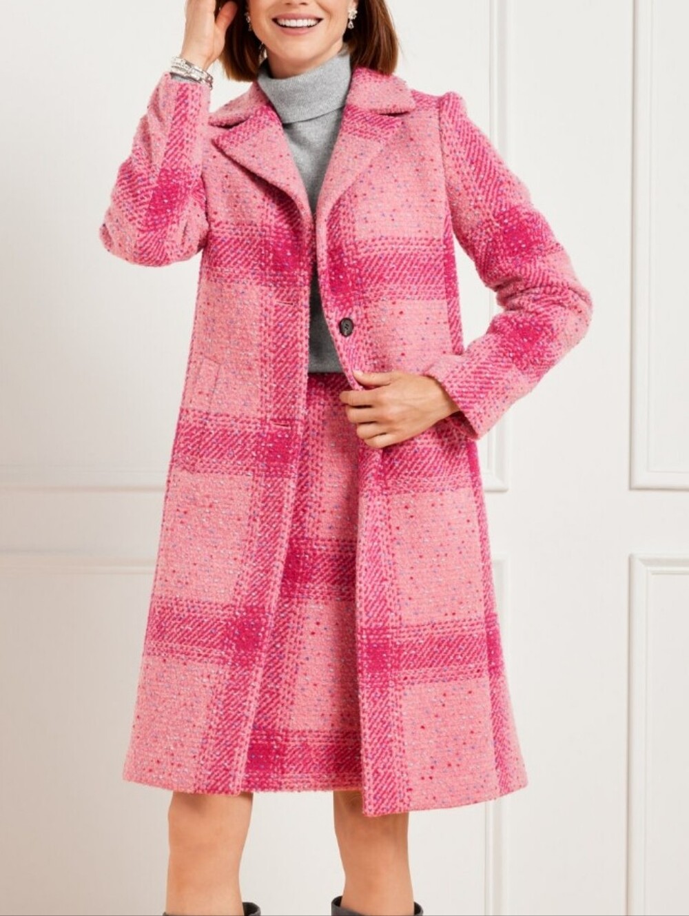 Talbots Confetti Pink Plaid Long Wool Blend Coat Jacket Size L Textured Tweed